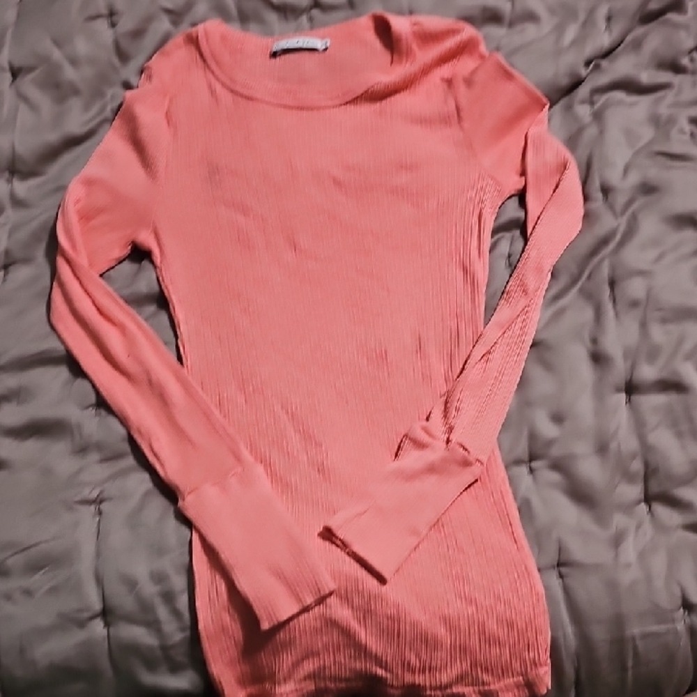 Michael Stars Coral Pink Ribbed Long Sleeve Crew Neck Top OS